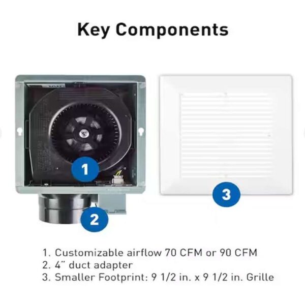 Whisper Mighty Pick-A-Flow 70/90 CFM Ceiling/Wall Bathroom Exhaust Fan, Energy Star with 9 in. x 9 in. Grille Footprint